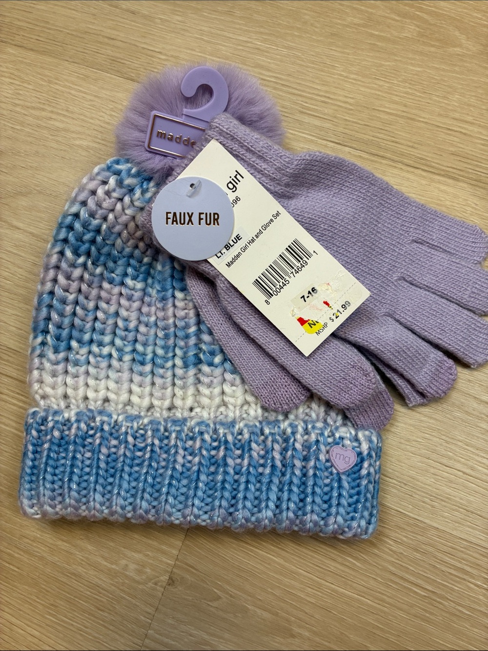 NEW Madden Girl Lilac & Blue Faux Fur Pom Knit Hat with Lilac Gloves 7-16 Y